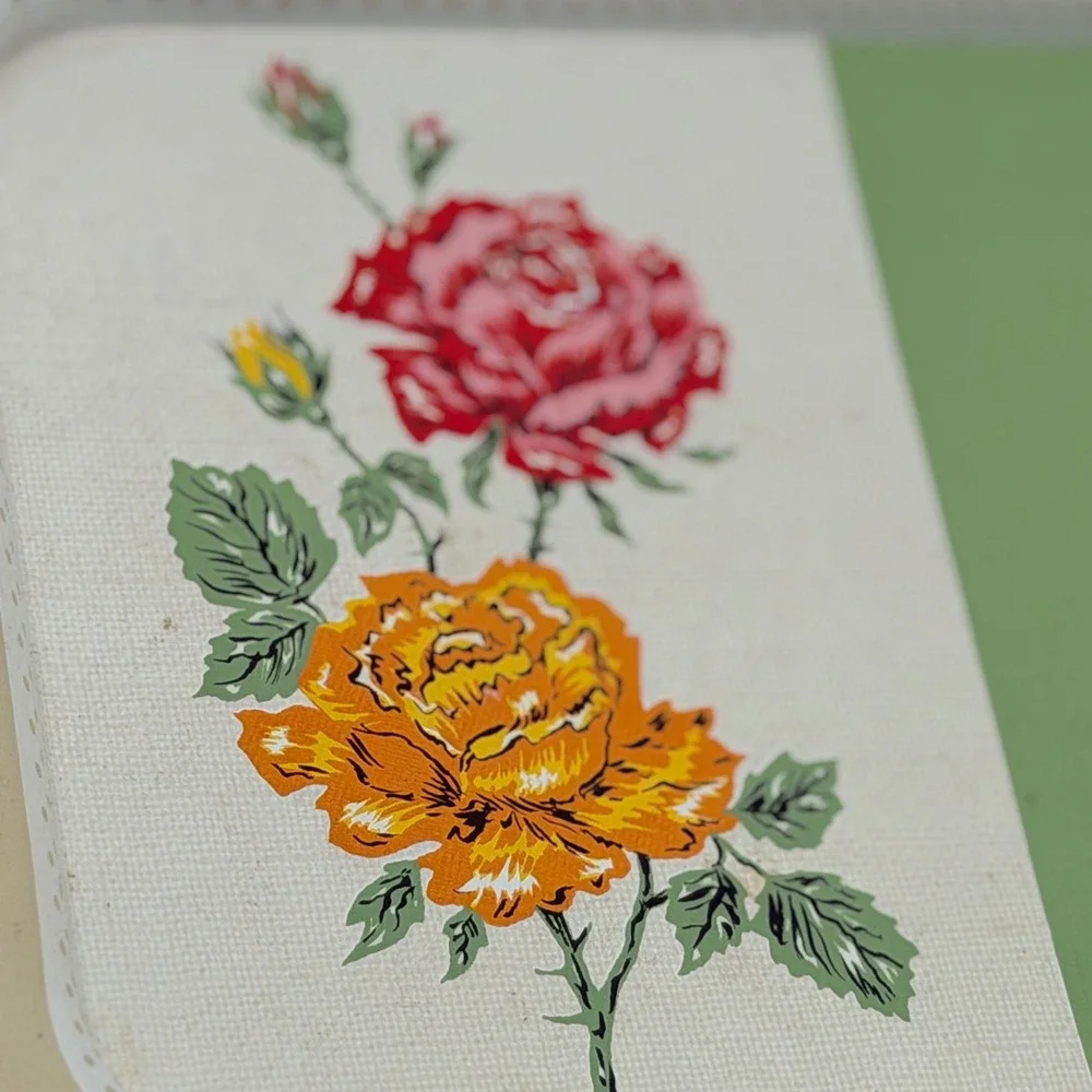 Vintage Metal Serving Tray Floral Rose Green Cream Mid Century Retro 14x9